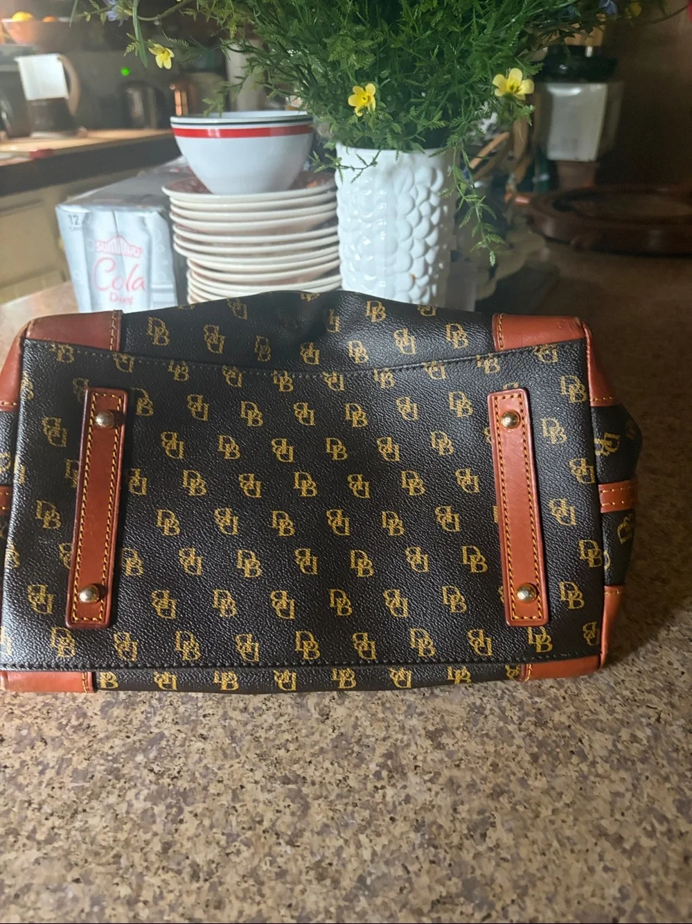 Dooney & Bourke Brown Monogram Satchel with Tan Trim